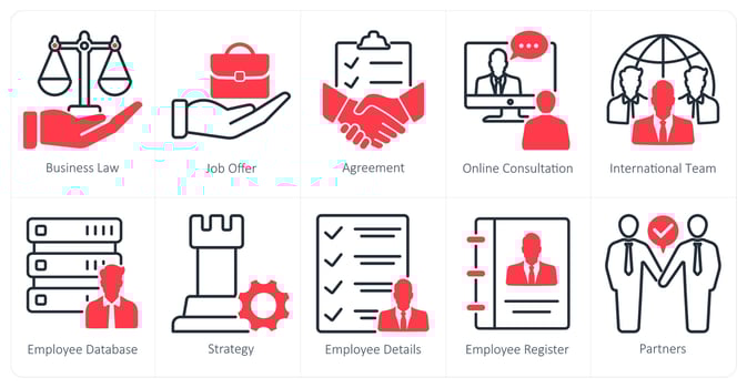 A set of 10 business and office icons as business law, job offer vector