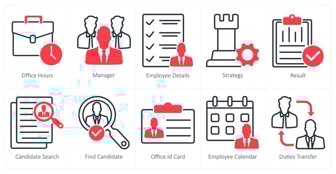 A set of 10 business and office icons as office hours, manager, employee details vector