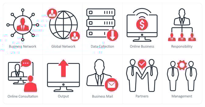 A set of 10 business and office icons as business network, global network, data collection vector