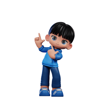 3d Cartoon Character with a Blue Shirt and Blue Pants Pointing Up Pose png