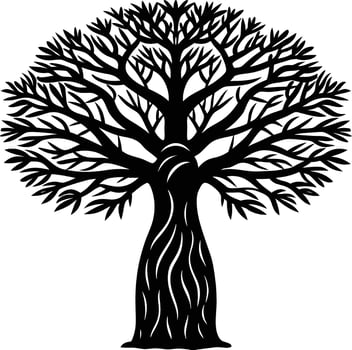 A black and white illustration silhouette of a baobab tree vector