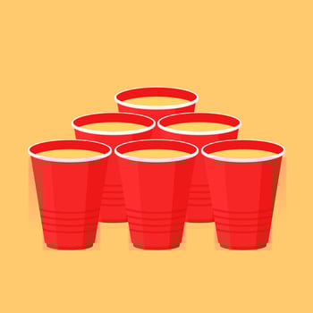 Plastic cups . Red Beer Pong plastic cups with ball. Traditional drinking game illustration. vector