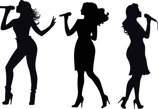 Set of super star women singers, silhouettes performing, silhouettes of female artist singing in karaoke, and showing their talent vector