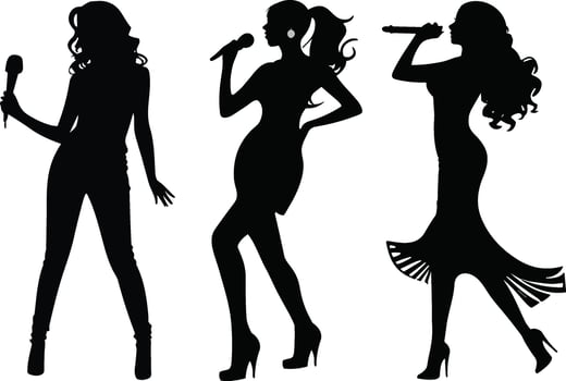 Set of super star women singers, silhouettes performing, silhouettes of female artist singing in karaoke, and showing their talent vector