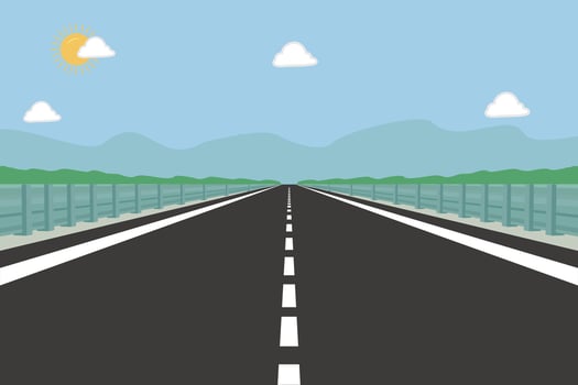 Straight empty road through the countryside. Green hills, blue sky, meadow and mountains. Summer landscape illustration. vector