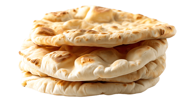 A neatly stacked pile of freshly baked pita bread, isolated on a transparent background png