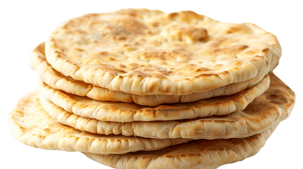 A neatly stacked pile of freshly baked pita bread, isolated on a transparent background png