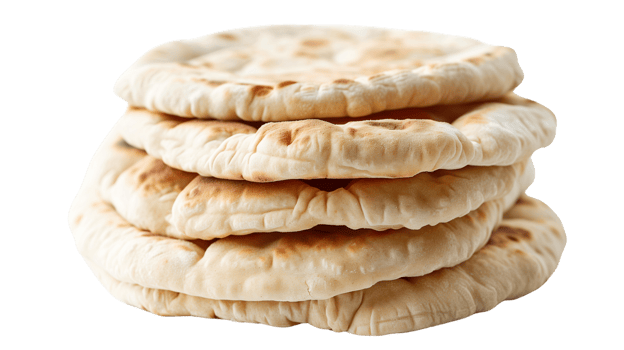 A neatly stacked pile of freshly baked pita bread, isolated on a transparent background png