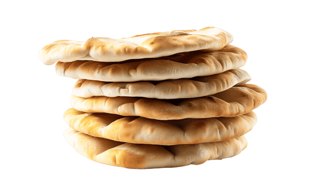 A neatly stacked pile of freshly baked pita bread, isolated on a transparent background png