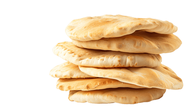 A neatly stacked pile of freshly baked pita bread, isolated on a transparent background png