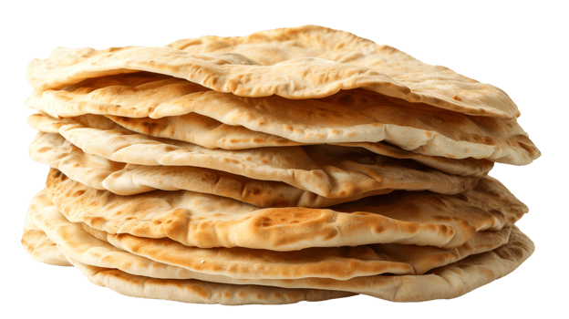 A neatly stacked pile of freshly baked pita bread, isolated on a transparent background png