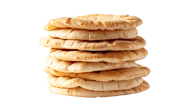 A neatly stacked pile of freshly baked pita bread, isolated on a transparent background png