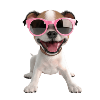 A cute dog wearing pink sunglasses on transparent background. png