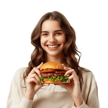 A smiling woman holding a burger with both hands, isolated on a transparent background png