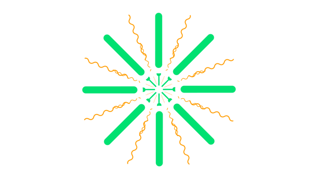 a green and orange starburst icon on a transparent background png