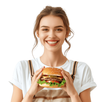 A smiling woman holding a burger with both hands, isolated on a transparent background png