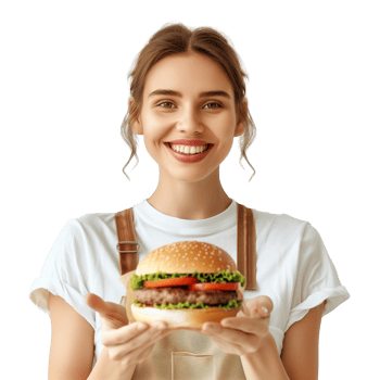 A smiling woman holding a burger with both hands, isolated on a transparent background png