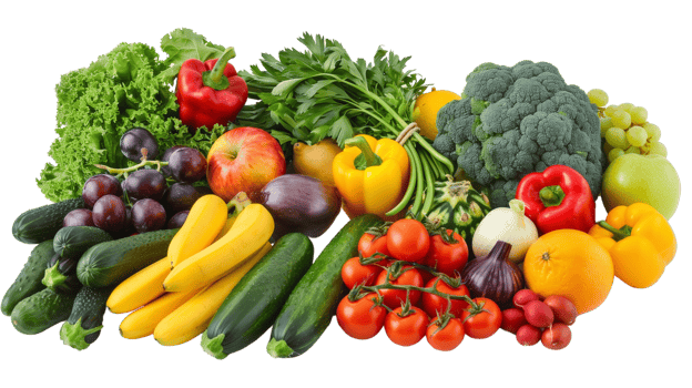 A vibrant assortment of fresh fruits and vegetables isolated on a transparent background png
