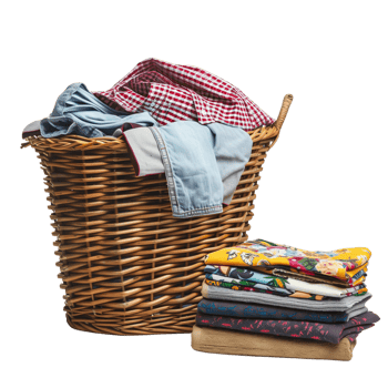 A wicker laundry basket overflowing with clean clothes, next to a stack of freshly laundered and folded garments isolated on a transparent background png