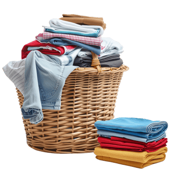 A wicker laundry basket overflowing with clean clothes, next to a stack of freshly laundered and folded garments isolated on a transparent background png