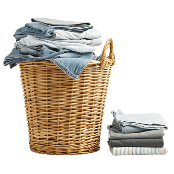 A wicker laundry basket overflowing with clean clothes, next to a stack of freshly laundered and folded garments isolated on a transparent background png