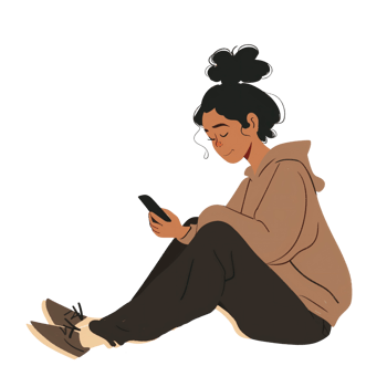 A woman sits on the floor, joyfully watching her smartphone, isolated on a transparent background png