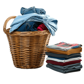 A wicker laundry basket overflowing with clean clothes, next to a stack of freshly laundered and folded garments isolated on a transparent background png