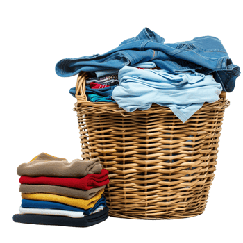 A wicker laundry basket overflowing with clean clothes, next to a stack of freshly laundered and folded garments isolated on a transparent background png