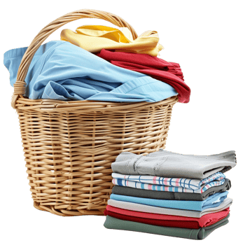 A wicker laundry basket overflowing with clean clothes, next to a stack of freshly laundered and folded garments isolated on a transparent background png