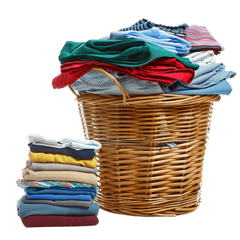 A wicker laundry basket overflowing with clean clothes, next to a stack of freshly laundered and folded garments isolated on a transparent background png