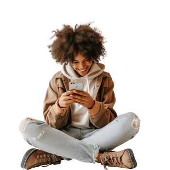 A woman sits on the floor, joyfully watching her smartphone, isolated on a transparent background png