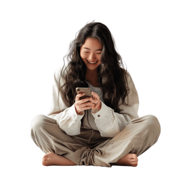 A woman sits on the floor, joyfully watching her smartphone, isolated on a transparent background png