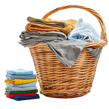 A wicker laundry basket overflowing with clean clothes, next to a stack of freshly laundered and folded garments isolated on a transparent background png