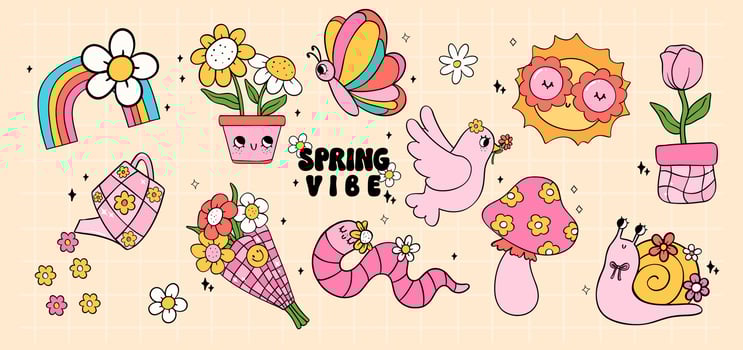 Vibrant Retro groovy Spring flower power vintage 90s item with flower collection doodle line drawing vector
