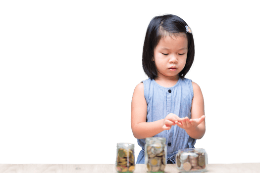 Cute Asian child girl counting money in her hands. Saving money. Money management. About financial planning for the future. Money bank, piggy bank. Isolated background. png