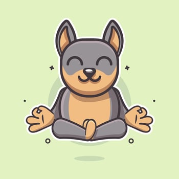 calm doberman dog animal character mascot with yoga meditation pose isolated cartoon vector