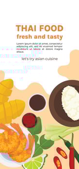 Thai cuisine banner vertical. Tom yum soup, mango sticky rice and asian food promotion flyer vector