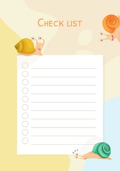illustration of a bright checklist with cute charming funny snails in a cartoon style. Stationery for children and teenagers, organizer and planner vector