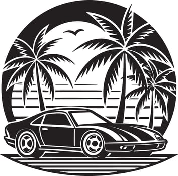 car on the beach with plam tree illustration black and white vector