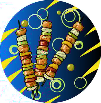 Barbecue on sticks with vegetables and spices on the background of onion rings and blue gradient filling in a circle. illustration colored vegetables and meat on a stick cooked over grilled vector