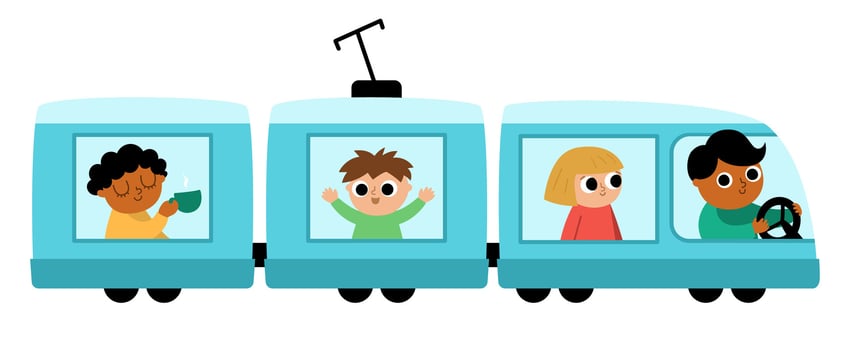 blue train with driver and passengers. Funny electric transportation with wagons for kids. Cute vehicle clip art. Public transport icon isolated on white background vector