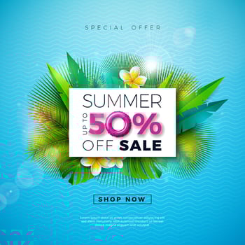 Summer Sale Design with Flower and Exotic Palm Leaves on Blue Background. Tropical Special Offer Illustration with Typography Letter for Coupon, Voucher, Banner, Flyer, Promotional Poster vector