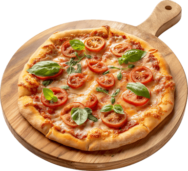 A Margherita Pizza served on wooden plate isolated on a transparent background png