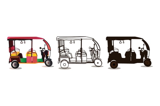 Tuk-tuk Indian rickshaw car, silhouette, and line art vector
