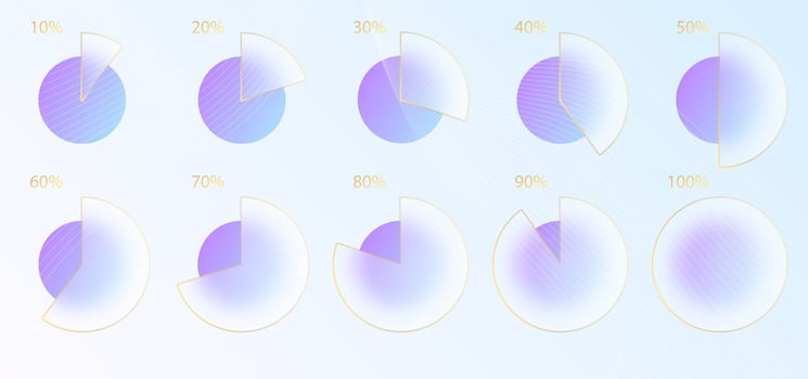 Glass morphism effect. Set of transparent frosted acrylic chart infographic percent. Blue gradient circles on white background. Realistic glassmorphism matte plexiglass shape. illustration. vector