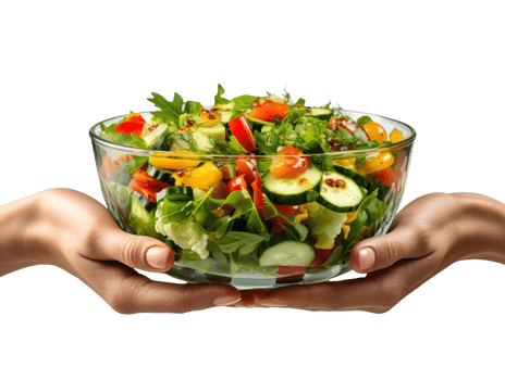 Hand hold vegetable salad glass bowl isolated on transparent background png