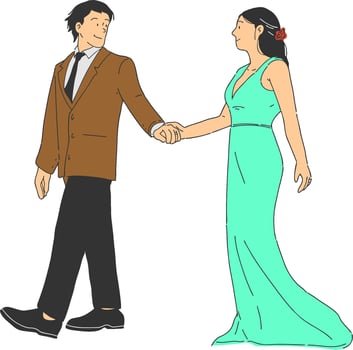a man and woman holding hands and walking together vector