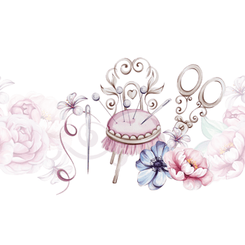 Watercolor seamless pattern, border - sewing tool, retro pincushion. Craft hobby decoration for clothing, needle, sewing tool with flower, rose. Vintage fashion illustration for design png