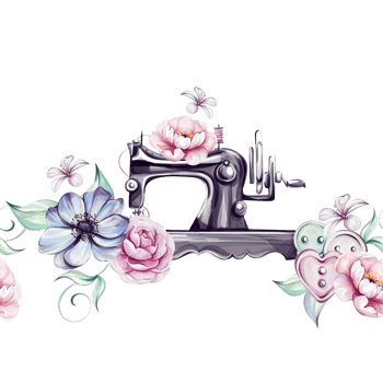 Watercolor seamless border - vintage sewing machine and romantic flowers. Bouquet of roses and anemones. For tailoring, clothes design. Handcraft in retro style. Vintage old-fashion, tailoring png