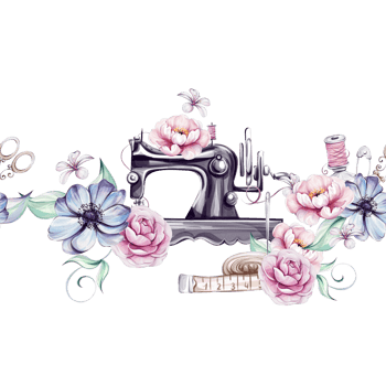 Watercolor seamless border - vintage sewing machine and flowers. Bouquet of roses and anemones. For tailoring, clothes design. Handcraft in retro style. Vintage old-fashion, tailoring for, postcard png